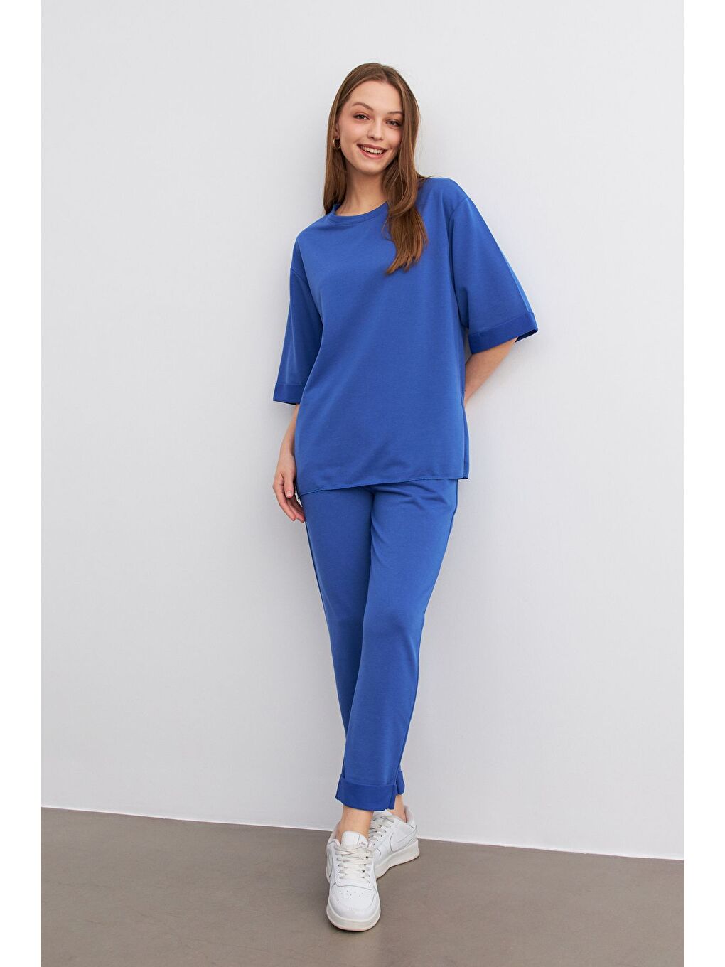 Kadın Mavi Bisiklet Yaka Duble Kol ve Paça Alt Üst Takım