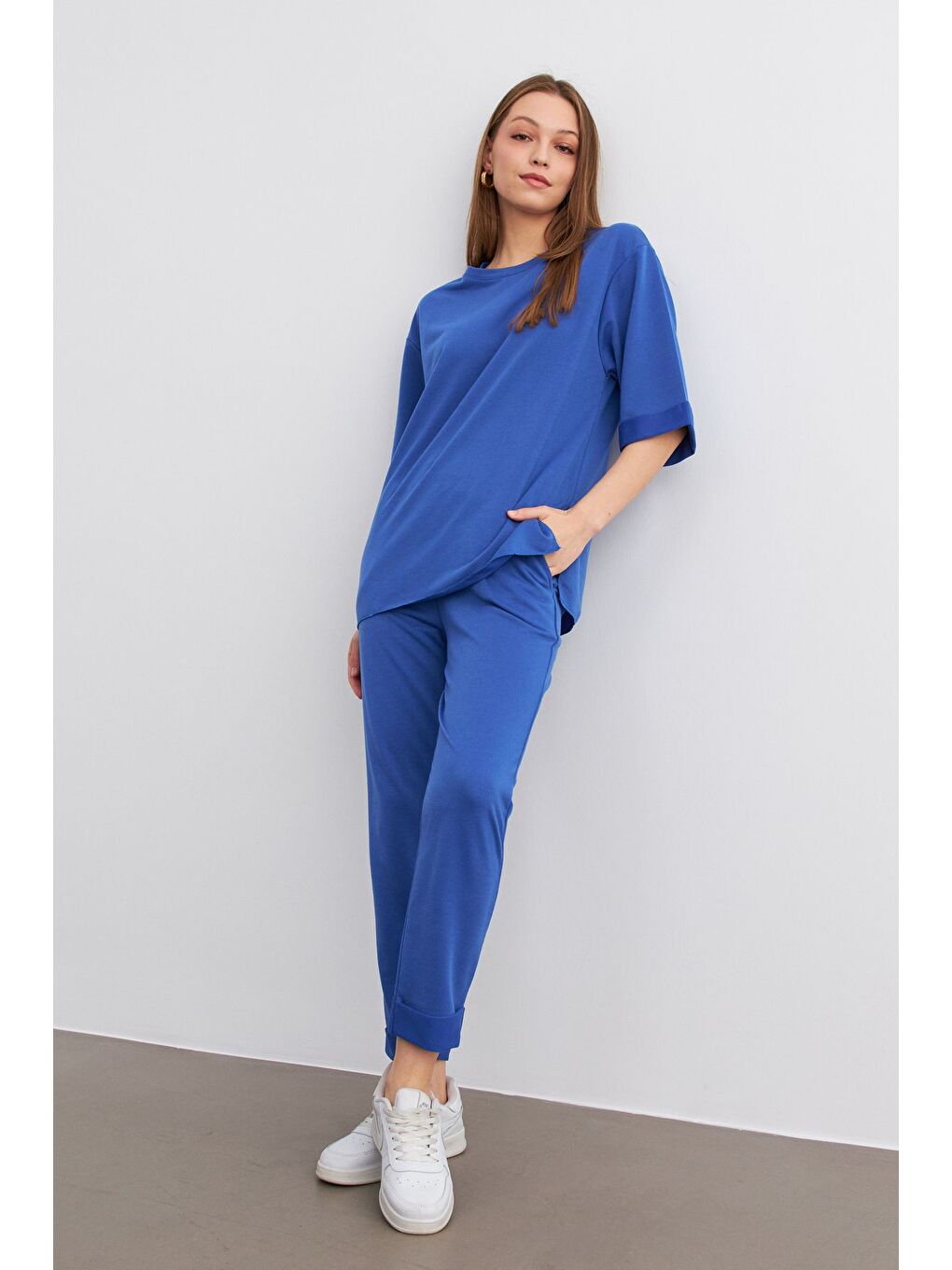 Kadın Mavi Bisiklet Yaka Duble Kol ve Paça Alt Üst Takım-1