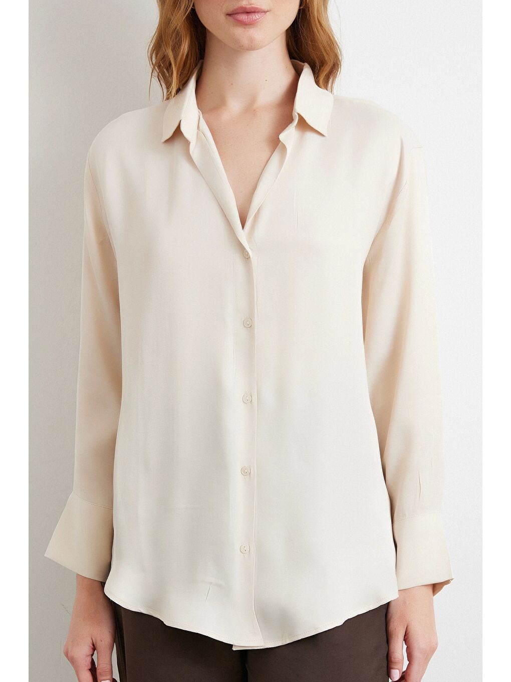 Viskon Saten Gömlek Bej-3