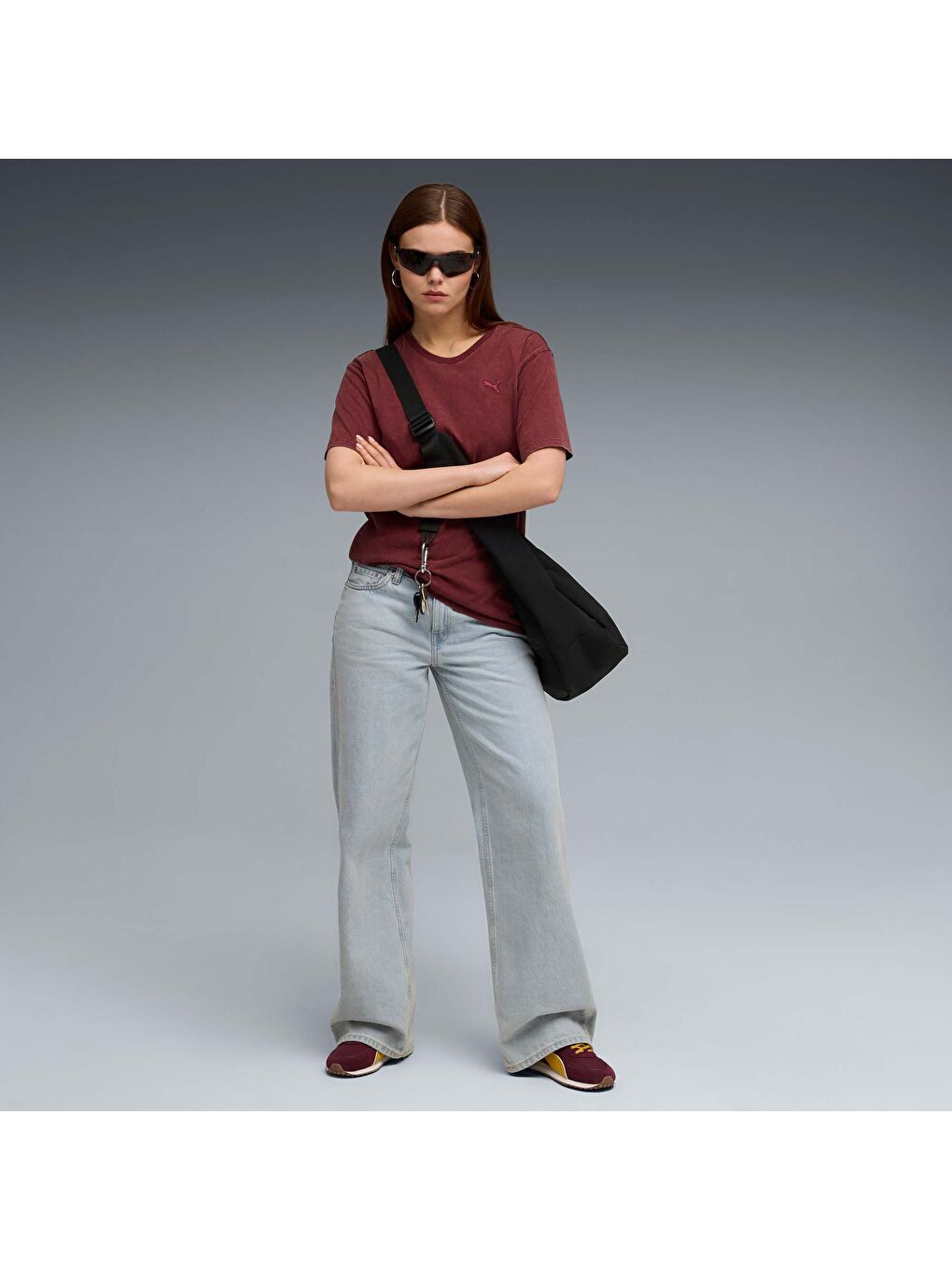 Bordo ESSENTIALS Elevated Kadın Geniş Kesim Tişört-1