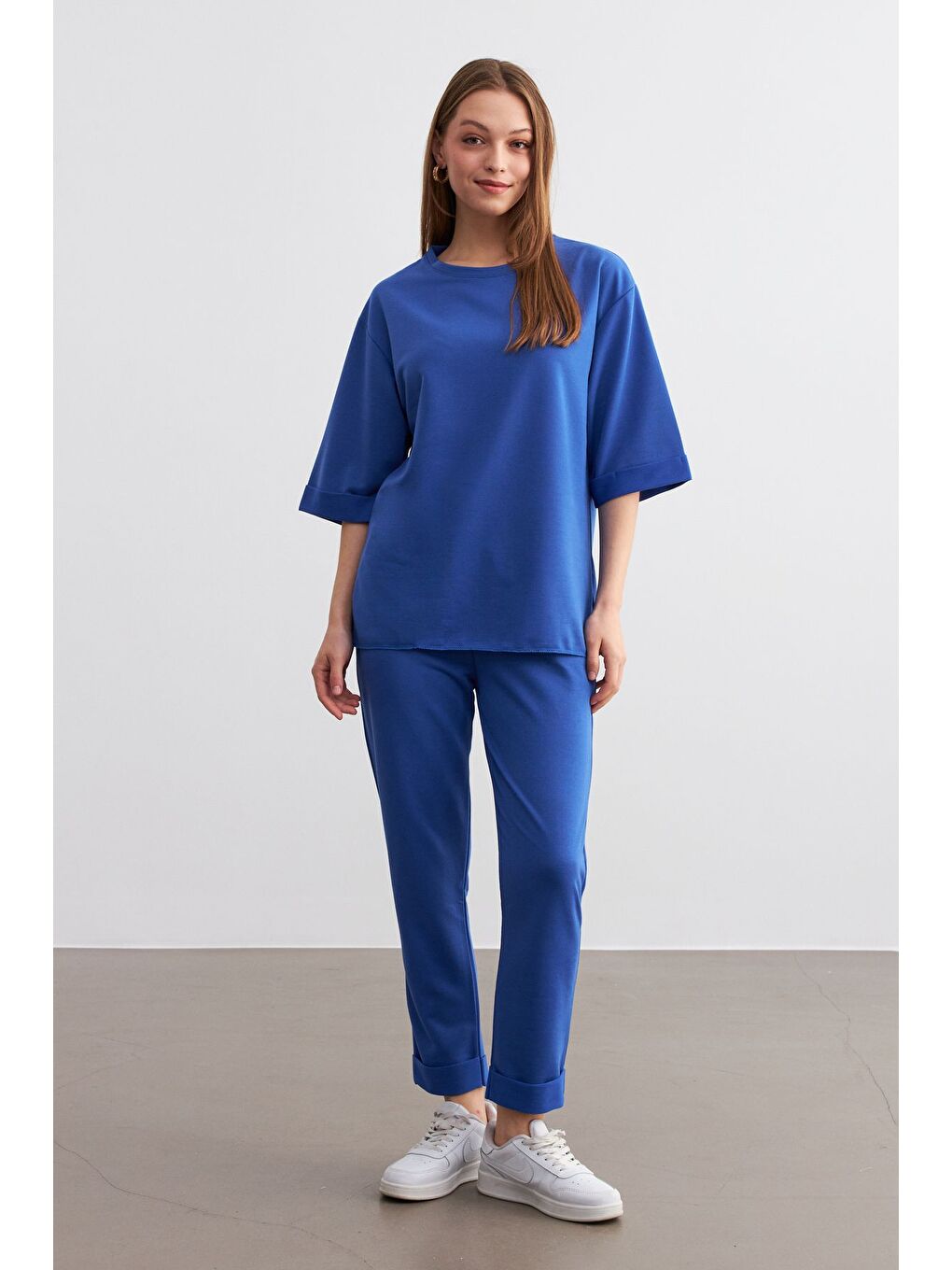 Kadın Mavi Bisiklet Yaka Duble Kol ve Paça Alt Üst Takım-2