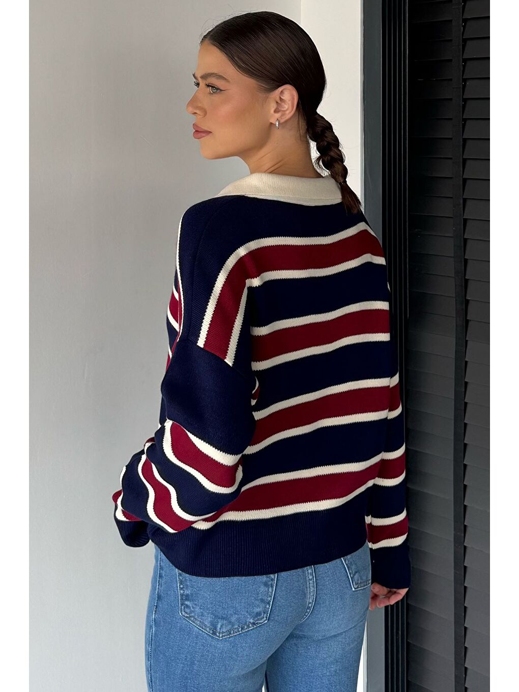 Bordo Kadın Çizgili Triko Kazak-3