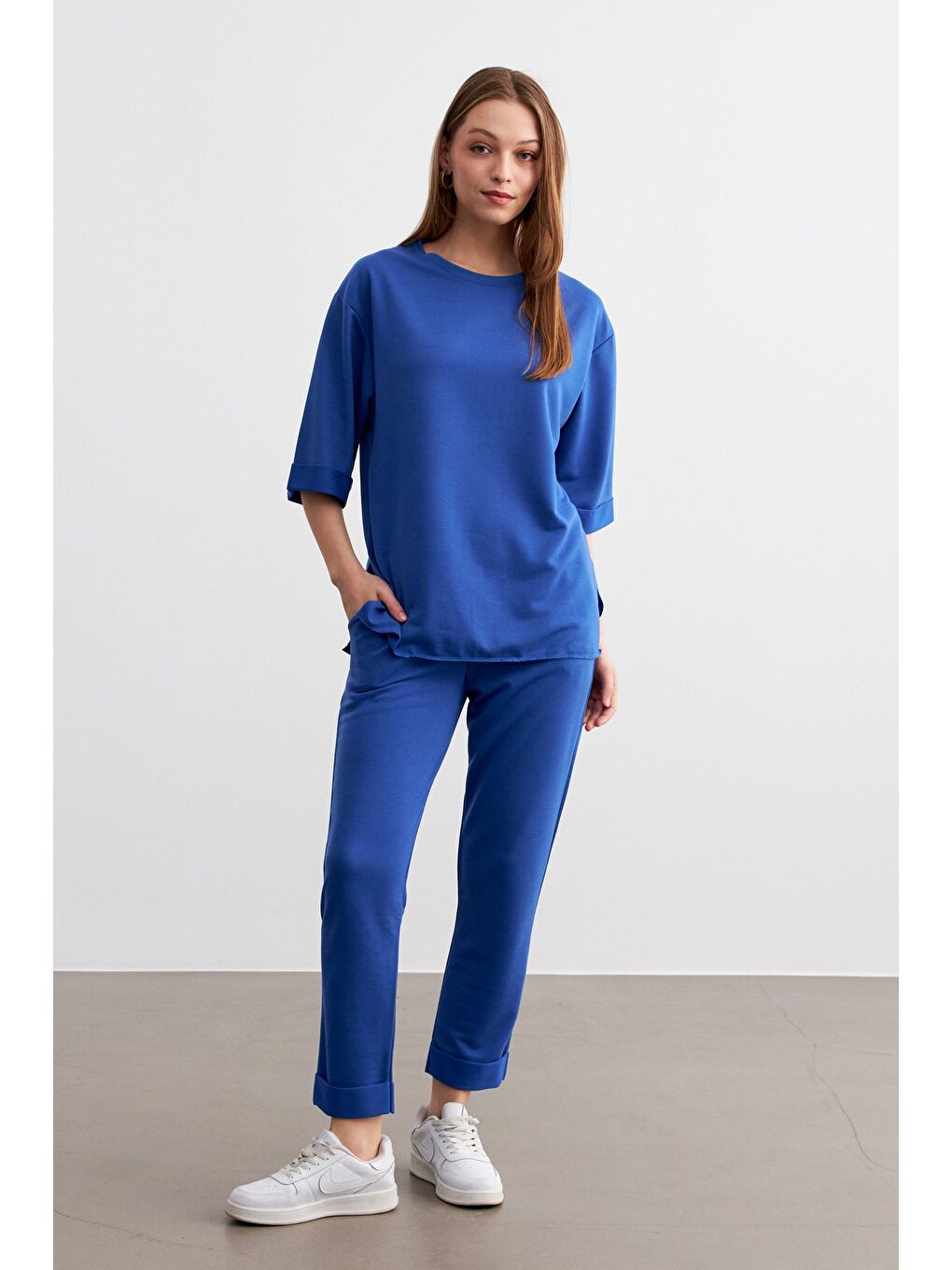 Kadın Mavi Bisiklet Yaka Duble Kol ve Paça Alt Üst Takım-3