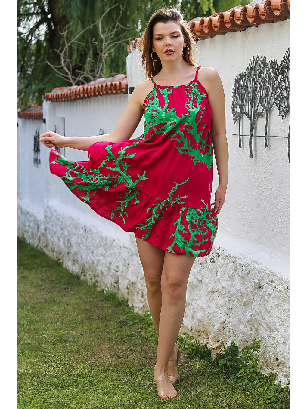 Fuşya Eteği Fırfırlı Ayarlanabilir Askılı Allover Baskılı Casual Viskon Dokuma Elbise 105 66-3