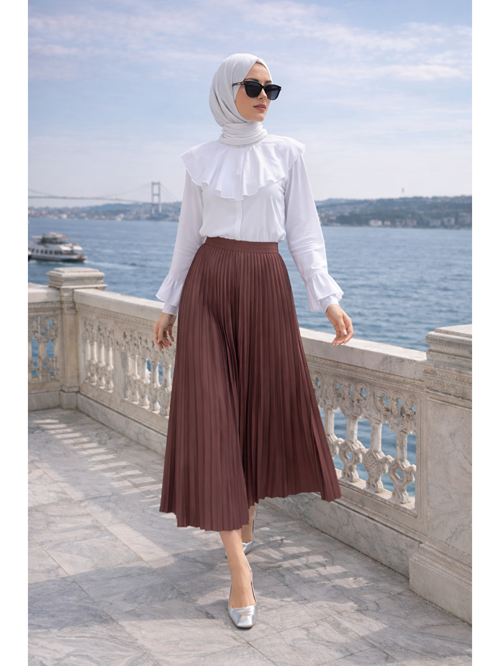 Kahverengi Kadın Premium Pileli Kahve Uzun Tesettür Etek-2