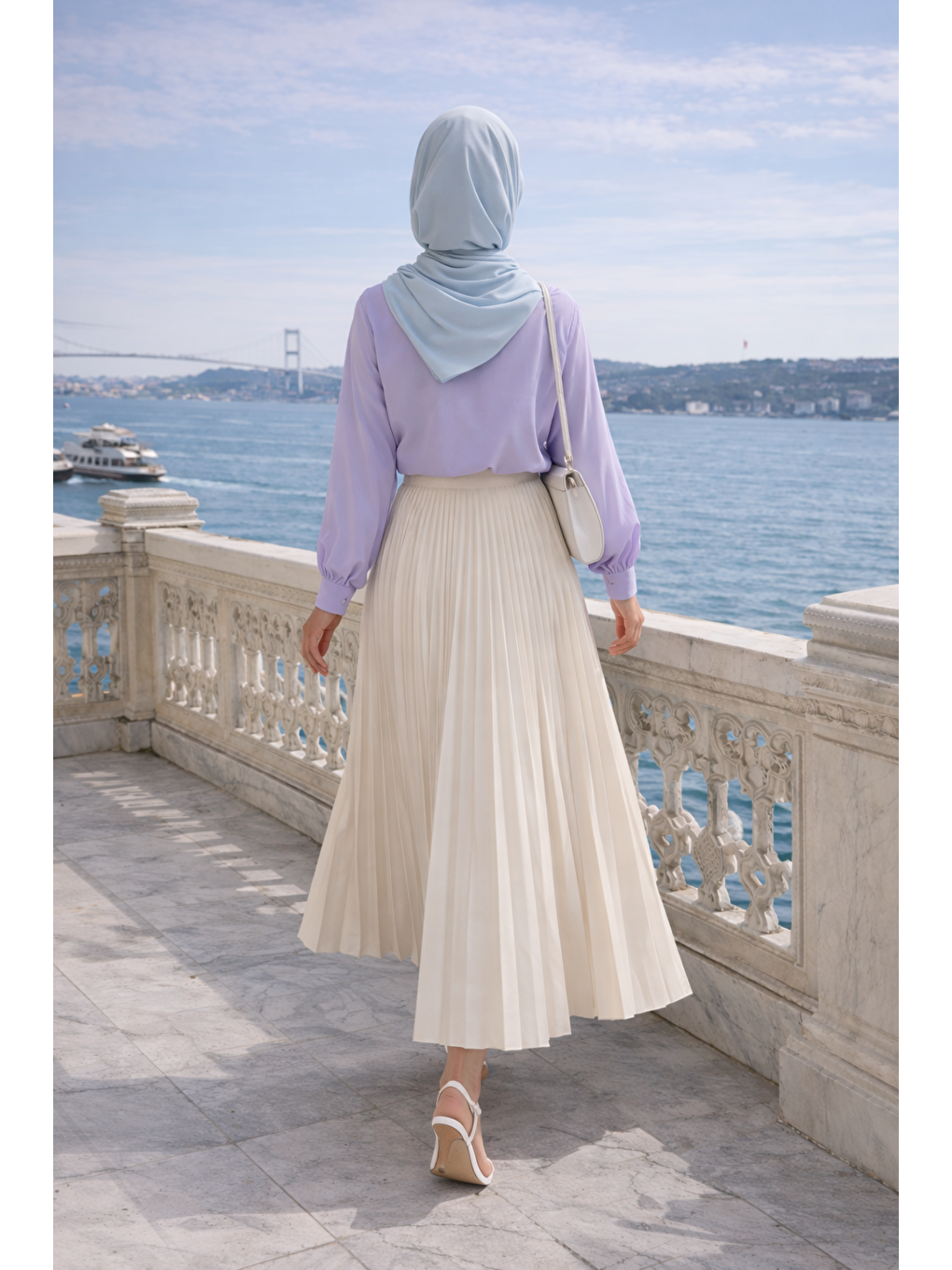 Kadın Premium Pileli Bej Uzun Tesettür Etek-5