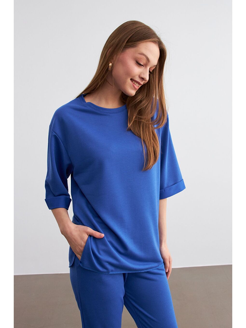 Kadın Mavi Bisiklet Yaka Duble Kol ve Paça Alt Üst Takım-4