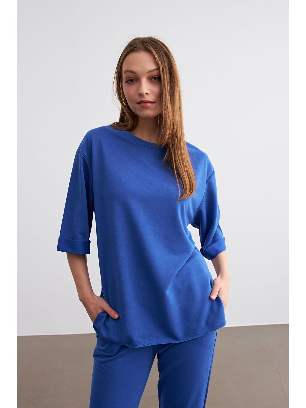 Kadın Mavi Bisiklet Yaka Duble Kol ve Paça Alt Üst Takım-5