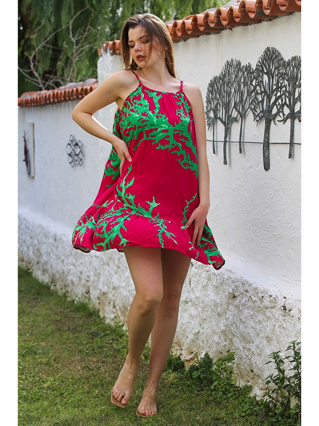 Fuşya Eteği Fırfırlı Ayarlanabilir Askılı Allover Baskılı Casual Viskon Dokuma Elbise 105 66-4