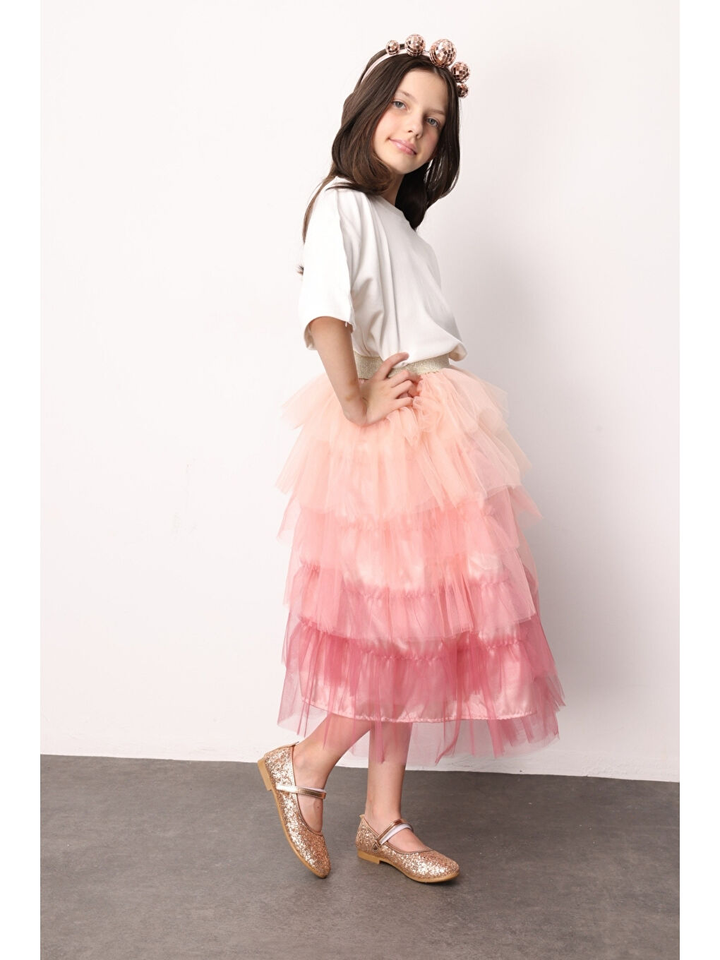 Pembe Pudra Katlı Tüllü Kız Çocuk Uzun Etek - Azalea-1