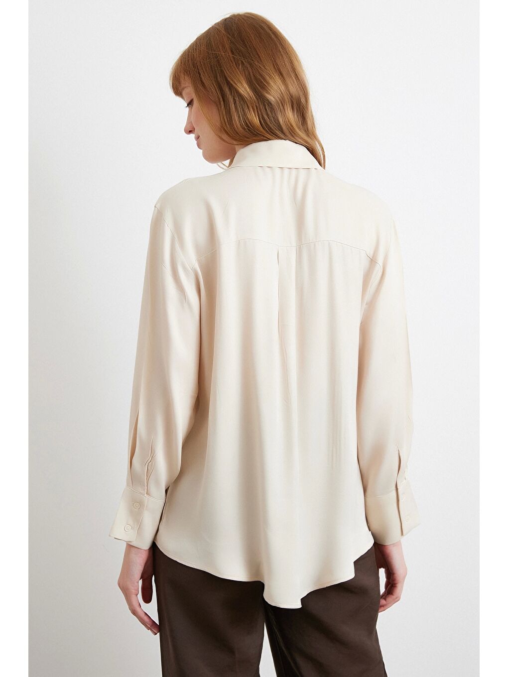Viskon Saten Gömlek Bej-5