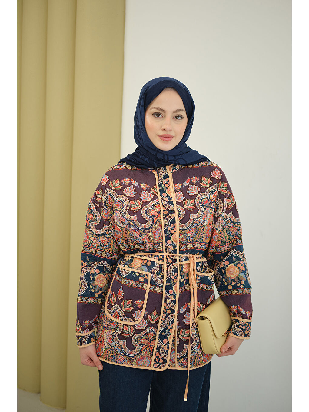 Kadın Etnik Desen Biyeli Ceket Mürdüm-2