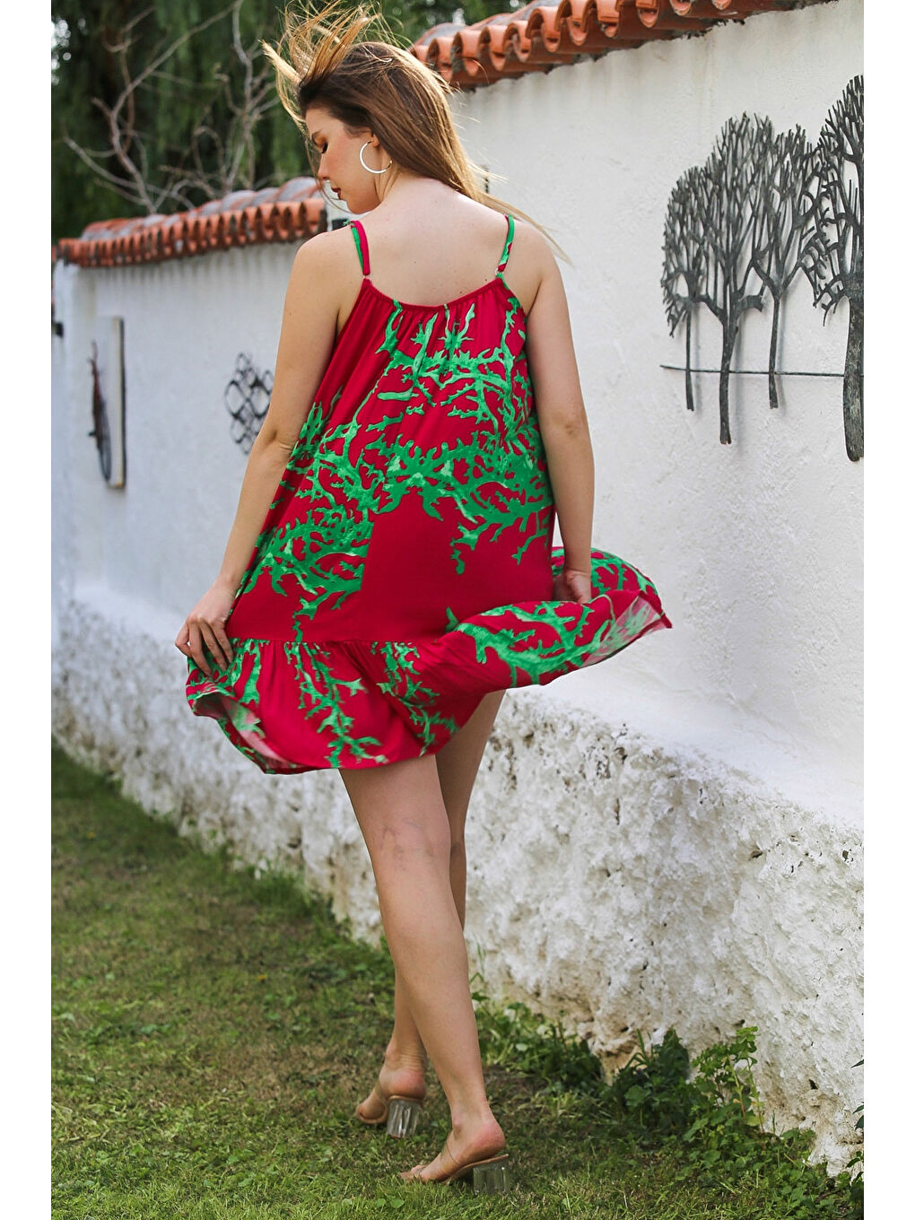 Fuşya Eteği Fırfırlı Ayarlanabilir Askılı Allover Baskılı Casual Viskon Dokuma Elbise 105 66-5