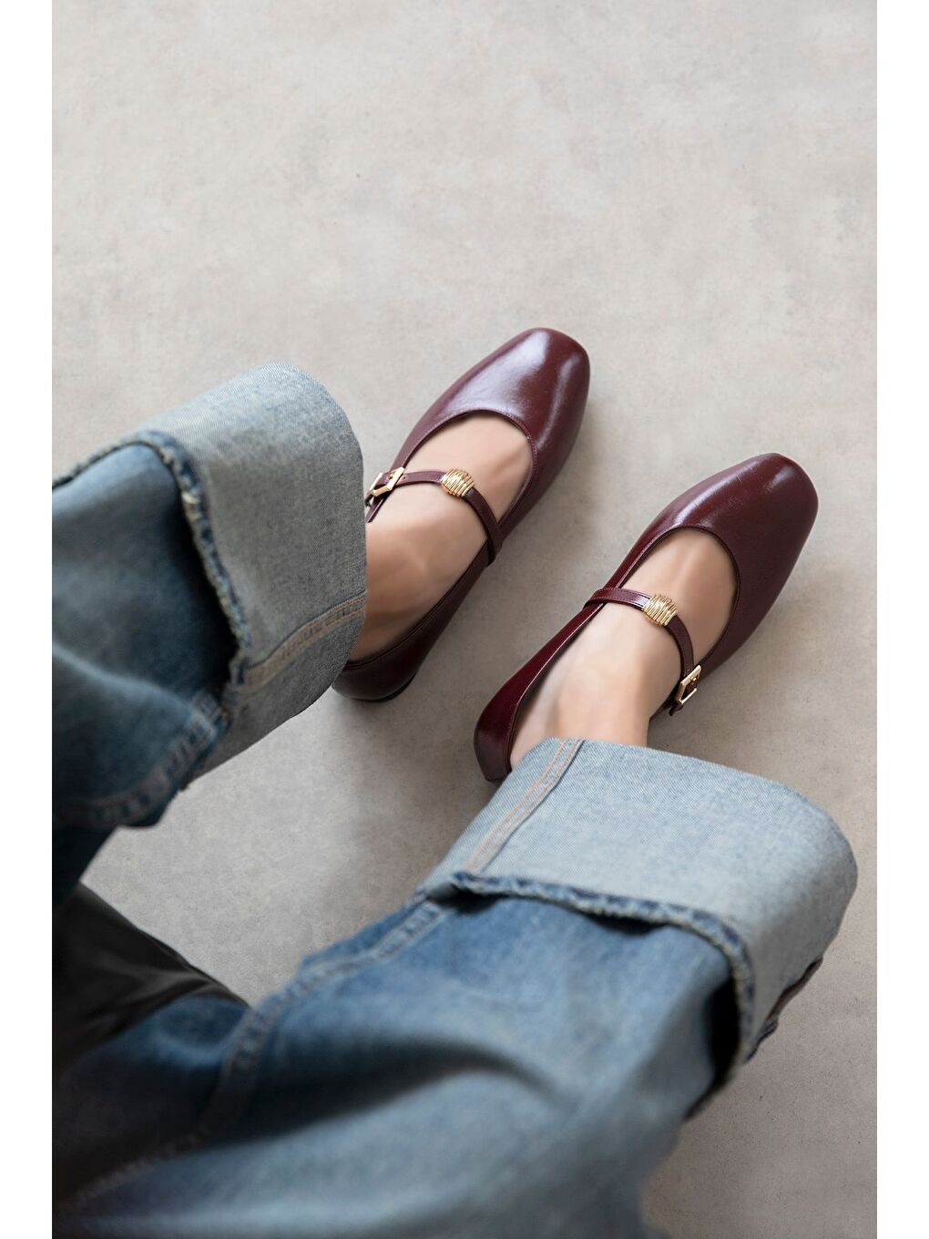 Libon Kadın Toka Detay Kırışık Deri Babet Bordo-1