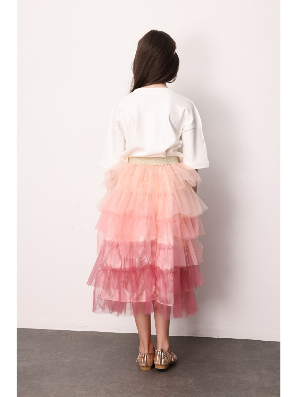 Pembe Pudra Katlı Tüllü Kız Çocuk Uzun Etek - Azalea-2