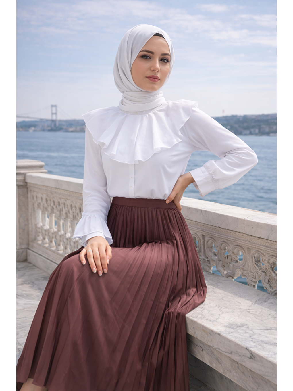 Kahverengi Kadın Premium Pileli Kahve Uzun Tesettür Etek-3