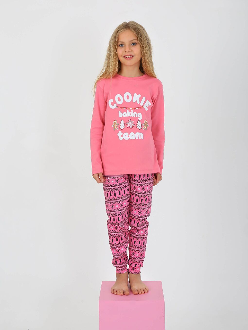 Pembe Kız Çocuk Uzun Kollu %100 Pamuklu Pijama Takımı Cookie Team-3