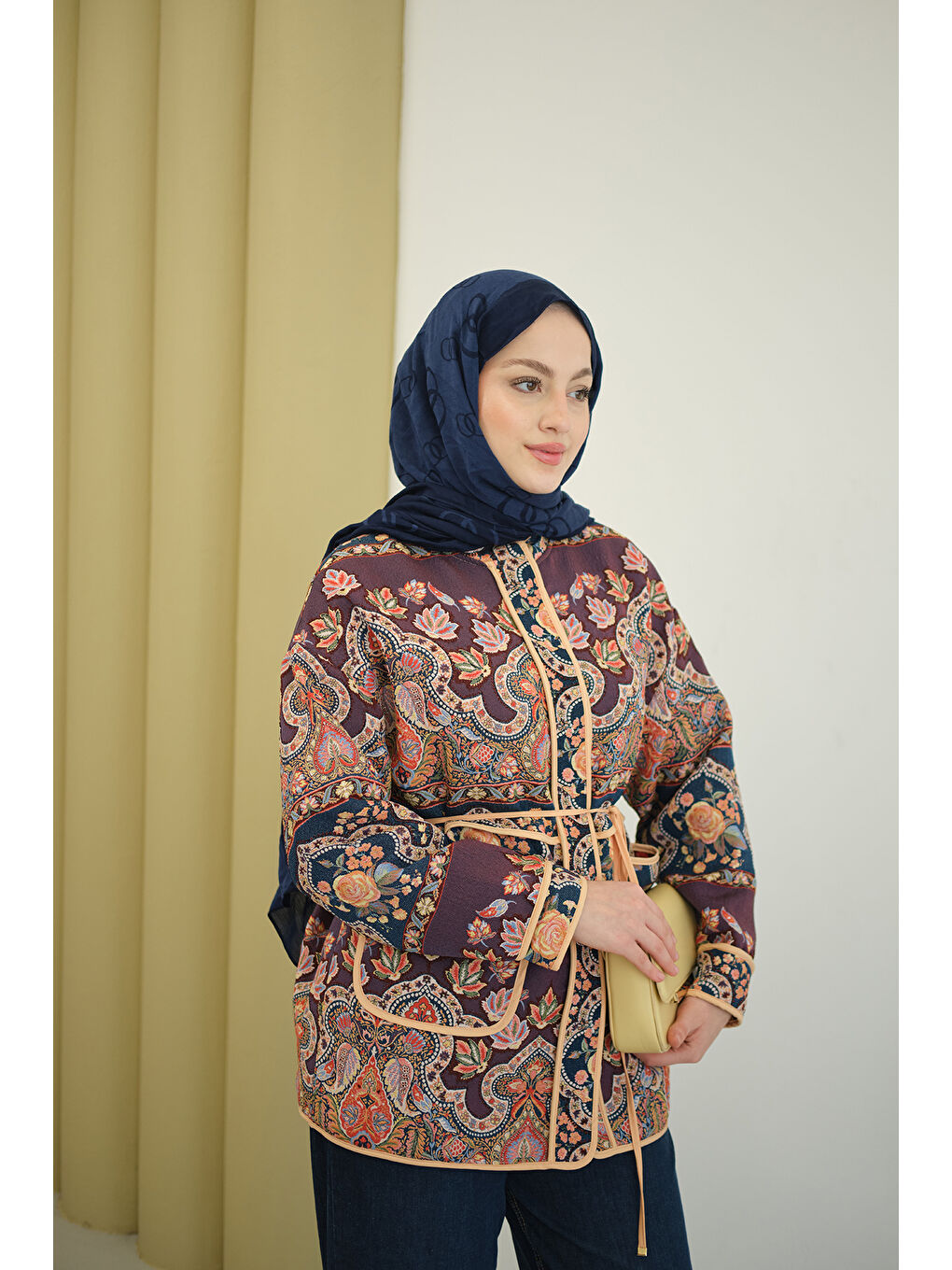 Kadın Etnik Desen Biyeli Ceket Mürdüm-3