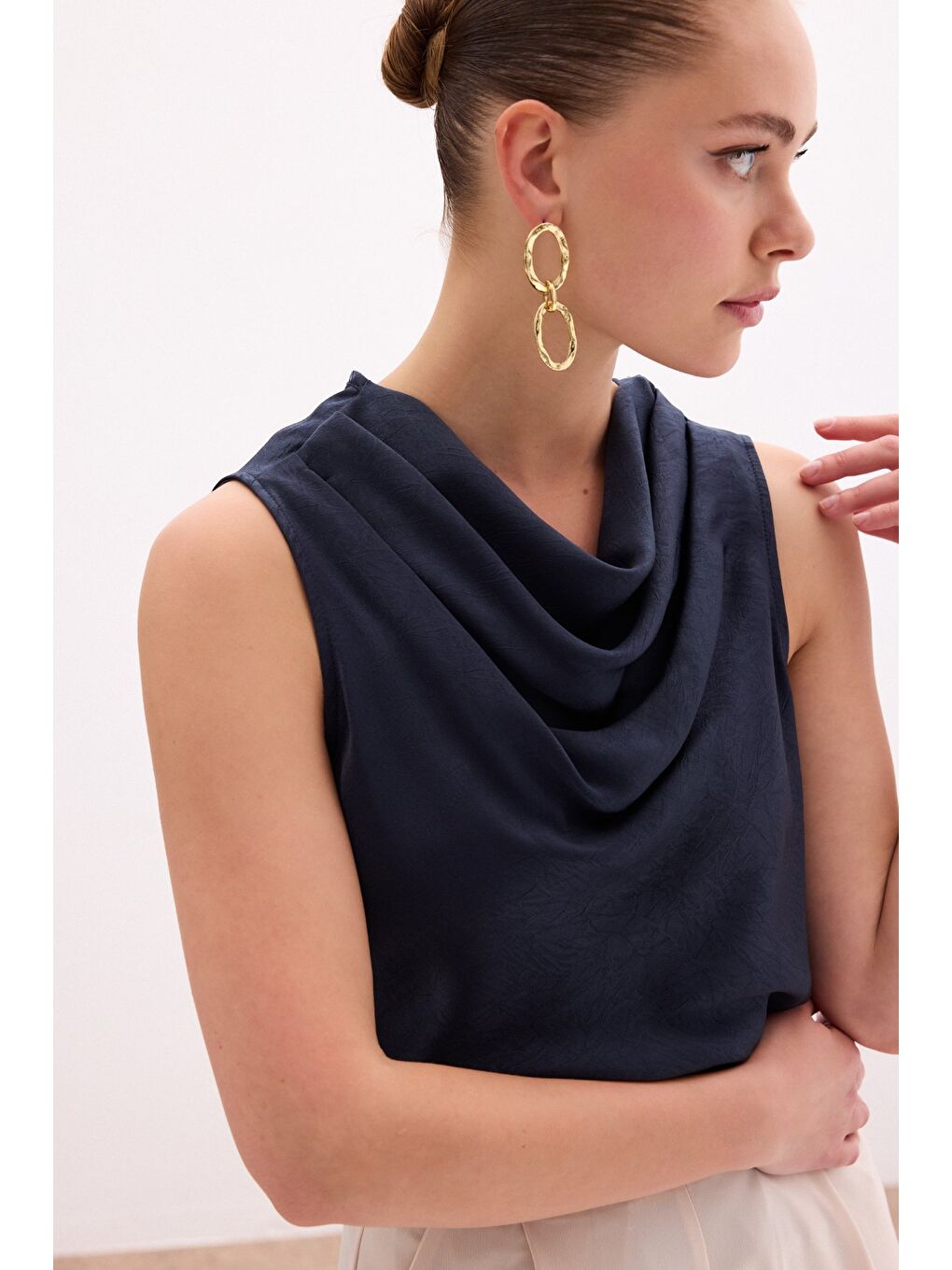 Degaje Yaka Saten Bluz - Lacivert-3