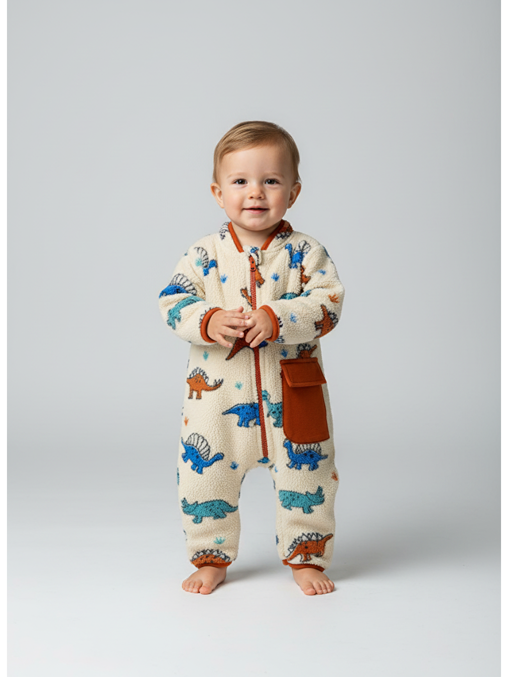 Karışık Erkek Bebek Pamuklu Krem Hayvancık Desenli Tulum - Cepli Fermuarlı