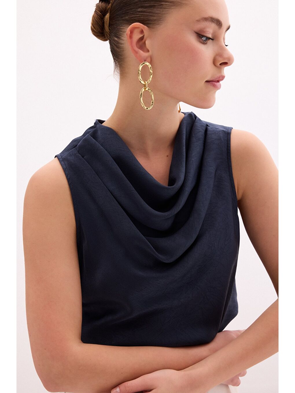 Degaje Yaka Saten Bluz - Lacivert-4