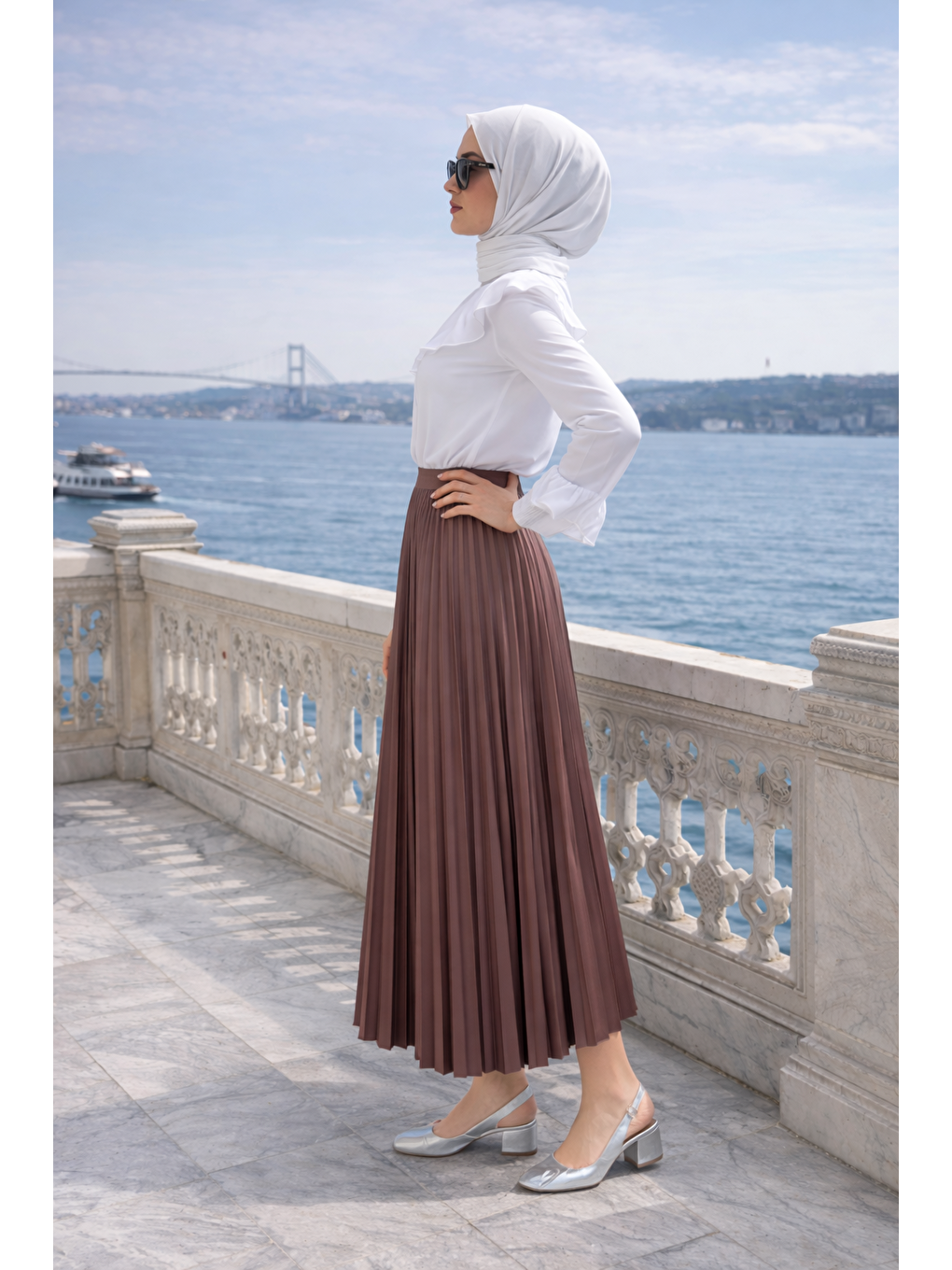 Kahverengi Kadın Premium Pileli Kahve Uzun Tesettür Etek-4