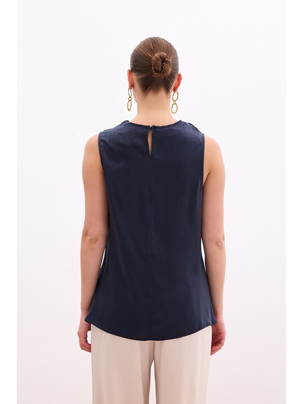 Degaje Yaka Saten Bluz - Lacivert-5