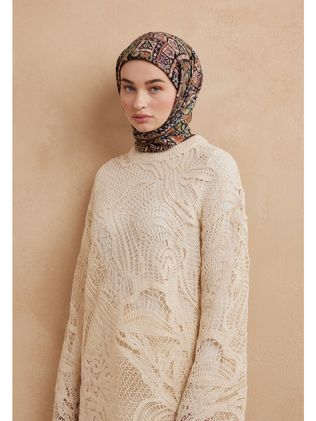 Kahverengi Nordıc Paısley Desen Pamuk İpek Eşarp Tarçın