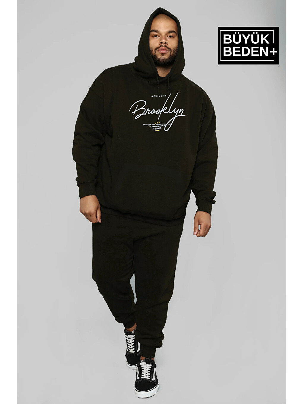 Siyah El Yazılı Brooklyn Baskılı Büyük Beden İnce Kapüşonlu Hoodie Spr25bsw58