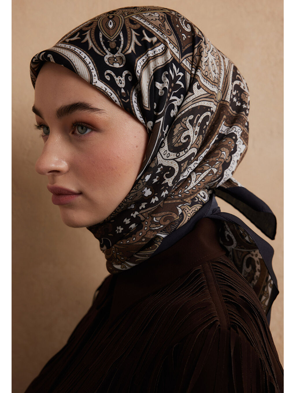 Kahverengi Etnıc Floral Desen Pamuk İpek Eşarp Kahve-2