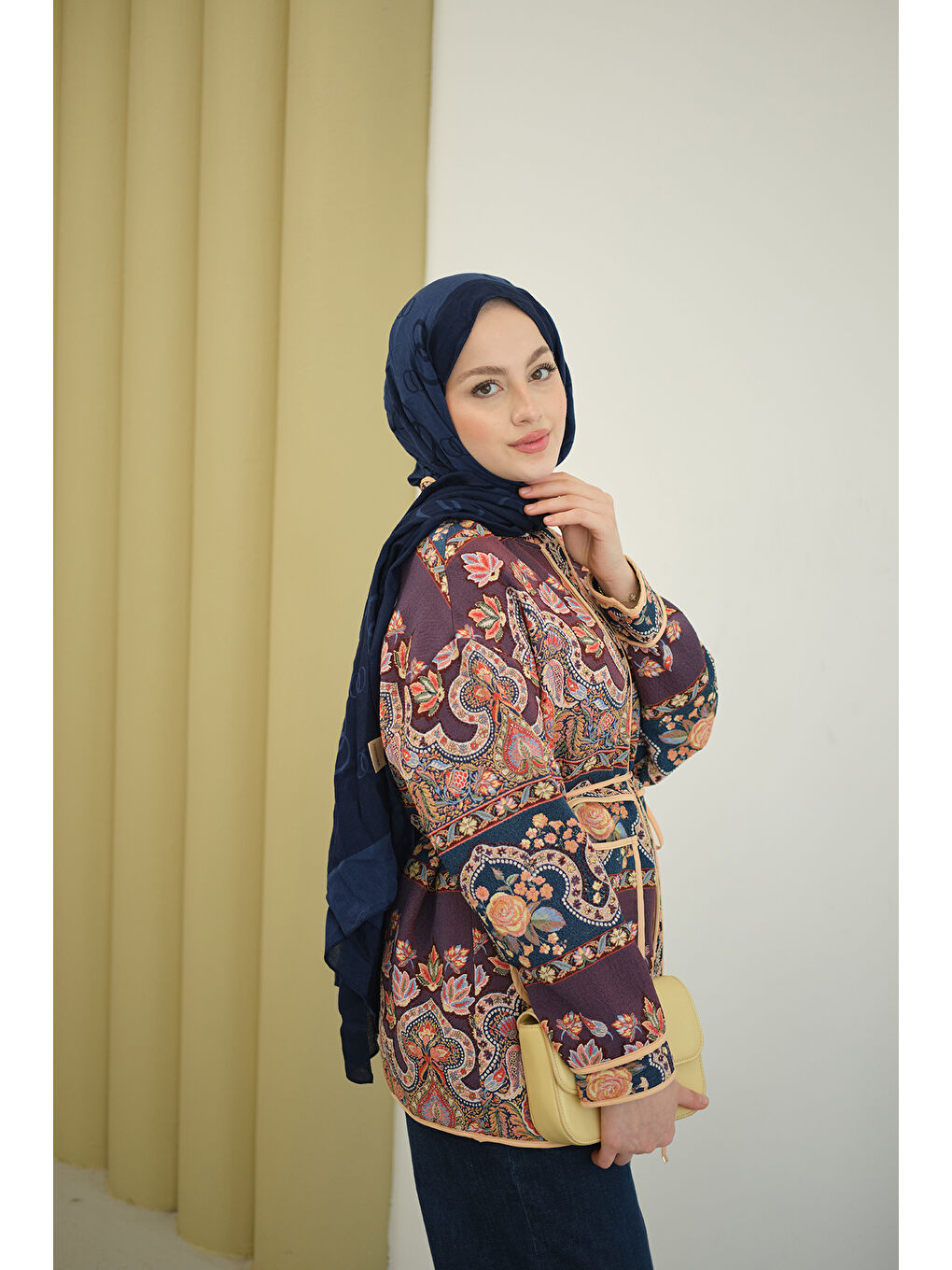 Kadın Etnik Desen Biyeli Ceket Mürdüm-4