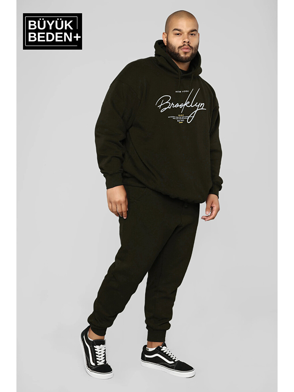 Siyah El Yazılı Brooklyn Baskılı Büyük Beden İnce Kapüşonlu Hoodie Spr25bsw58-1