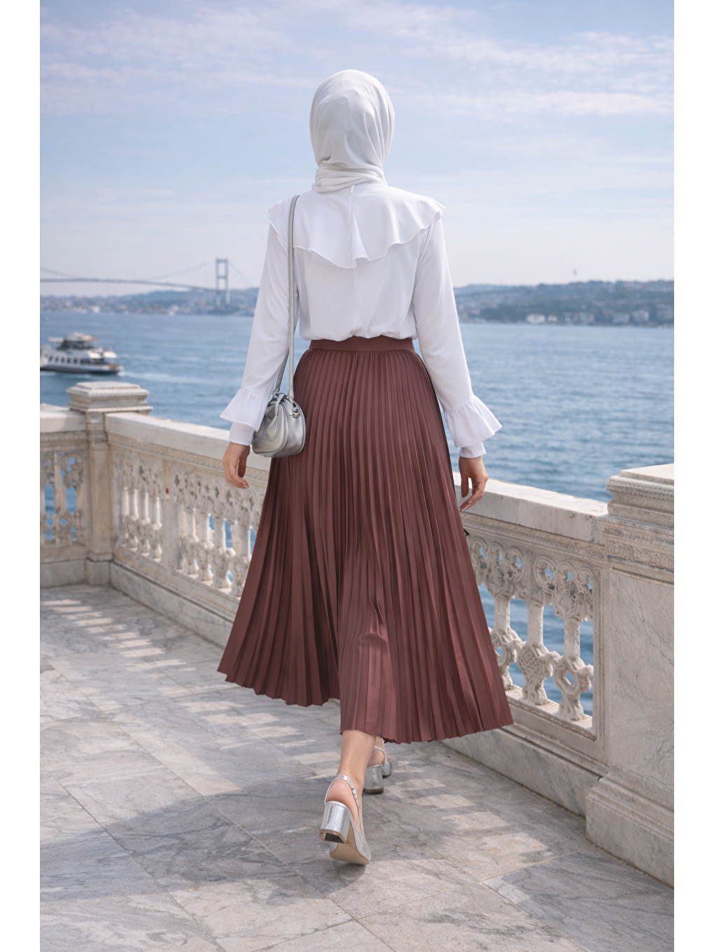 Kahverengi Kadın Premium Pileli Kahve Uzun Tesettür Etek-5