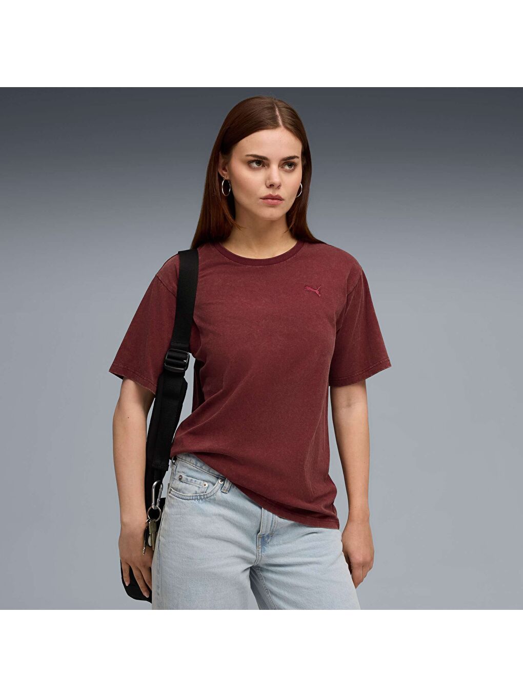 Bordo ESSENTIALS Elevated Kadın Geniş Kesim Tişört-4