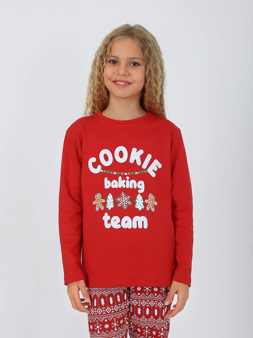 Kırmızı Kız Çocuk Uzun Kollu %100 Pamuklu Pijama Takımı Cookie Team-1