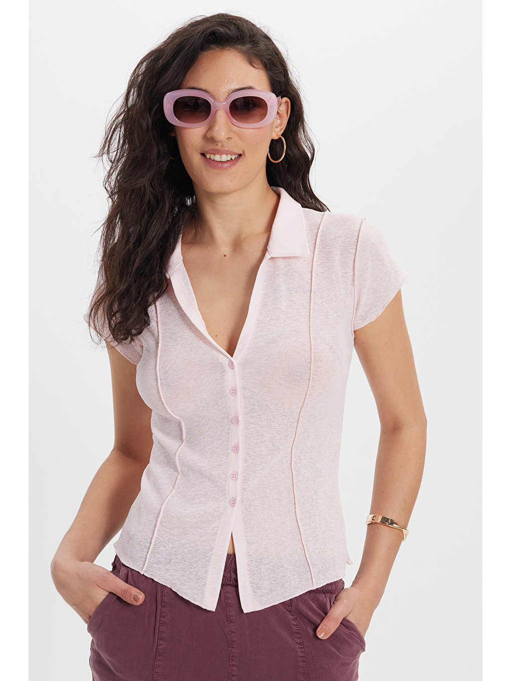 Kadın Slim Fit Dar Kesim Kısa Kollu Gömlek Yaka Pembe Gömlek
