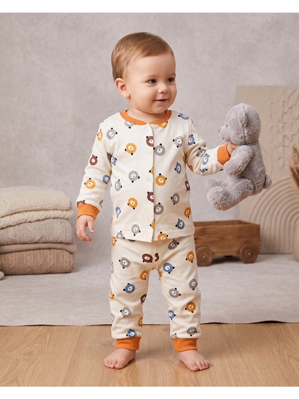 Turuncu Erkek Bebek Ayıcık Baskılı %100 Pamuklu 1-2-3 Yaş Çıtçıtlı Alt Üst Mevsimlik Pijama Takımı-1