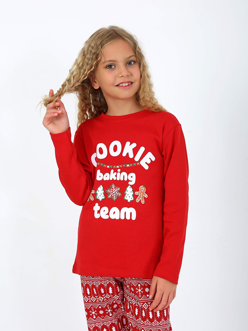 Kırmızı Kız Çocuk Uzun Kollu %100 Pamuklu Pijama Takımı Cookie Team-2
