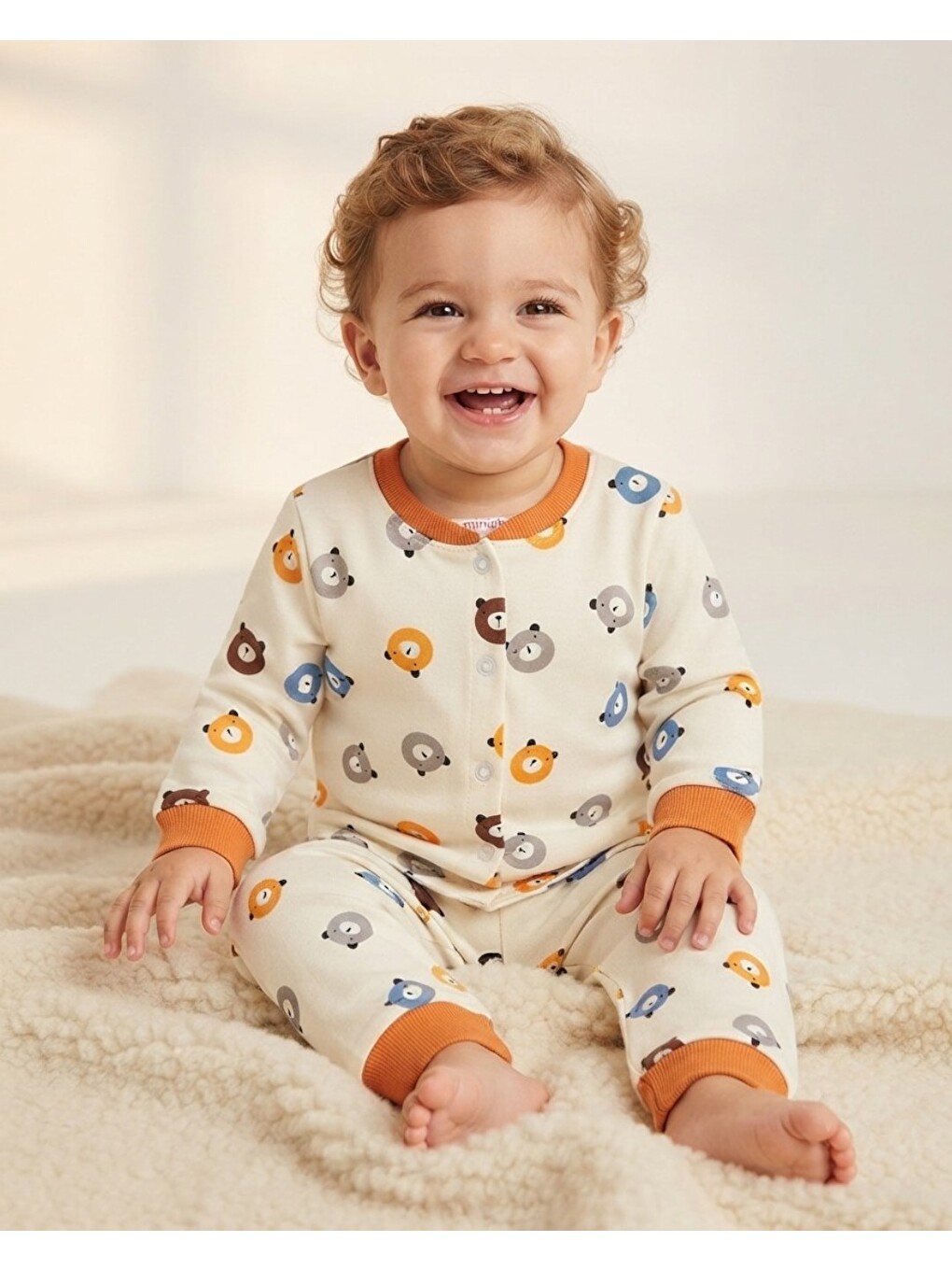 Turuncu Erkek Bebek Ayıcık Baskılı %100 Pamuklu 1-2-3 Yaş Çıtçıtlı Alt Üst Mevsimlik Pijama Takımı-2