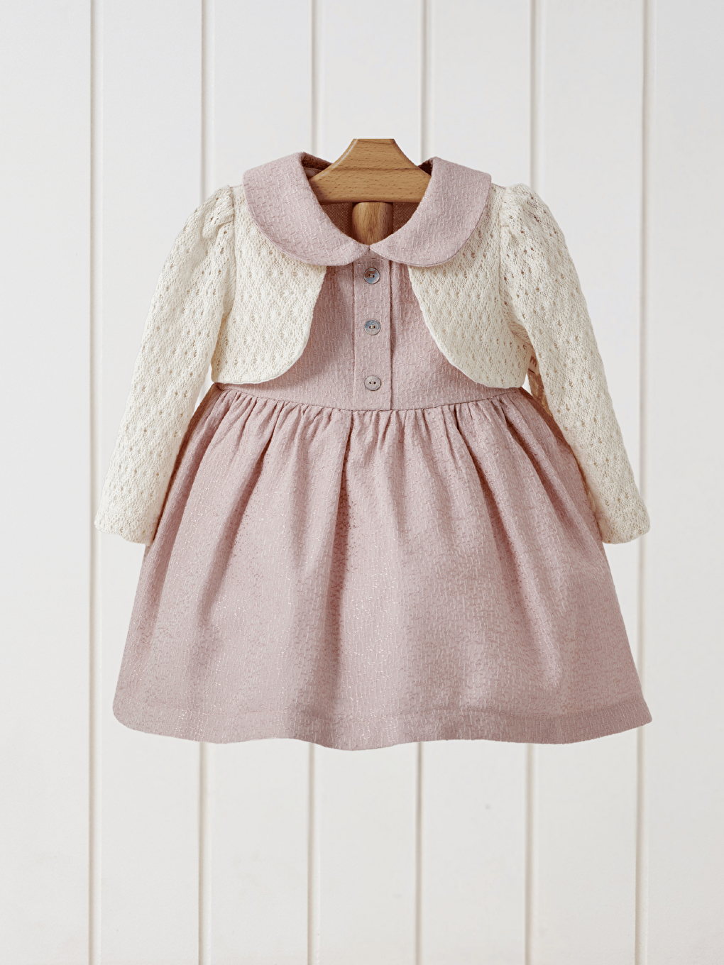 Pembe Bebe Yaka Uzun Kollu Kız Bebek Elbise