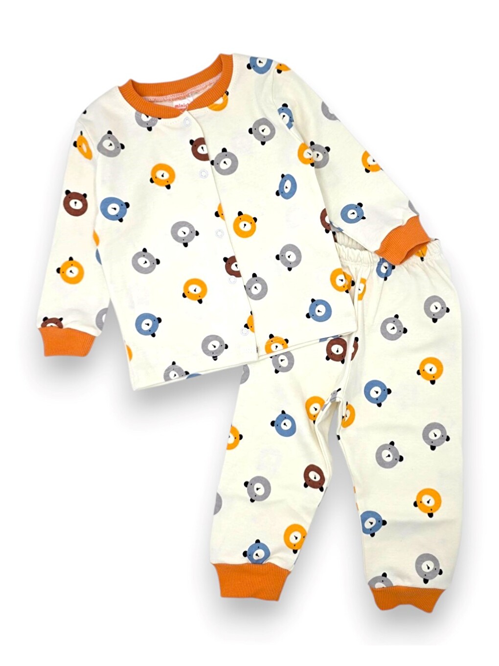 Turuncu Erkek Bebek Ayıcık Baskılı %100 Pamuklu 1-2-3 Yaş Çıtçıtlı Alt Üst Mevsimlik Pijama Takımı-3
