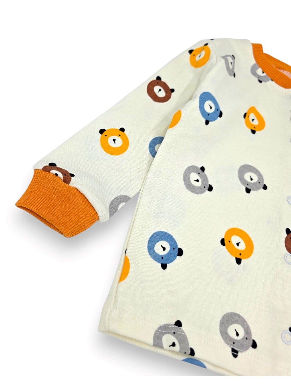Turuncu Erkek Bebek Ayıcık Baskılı %100 Pamuklu 1-2-3 Yaş Çıtçıtlı Alt Üst Mevsimlik Pijama Takımı-4