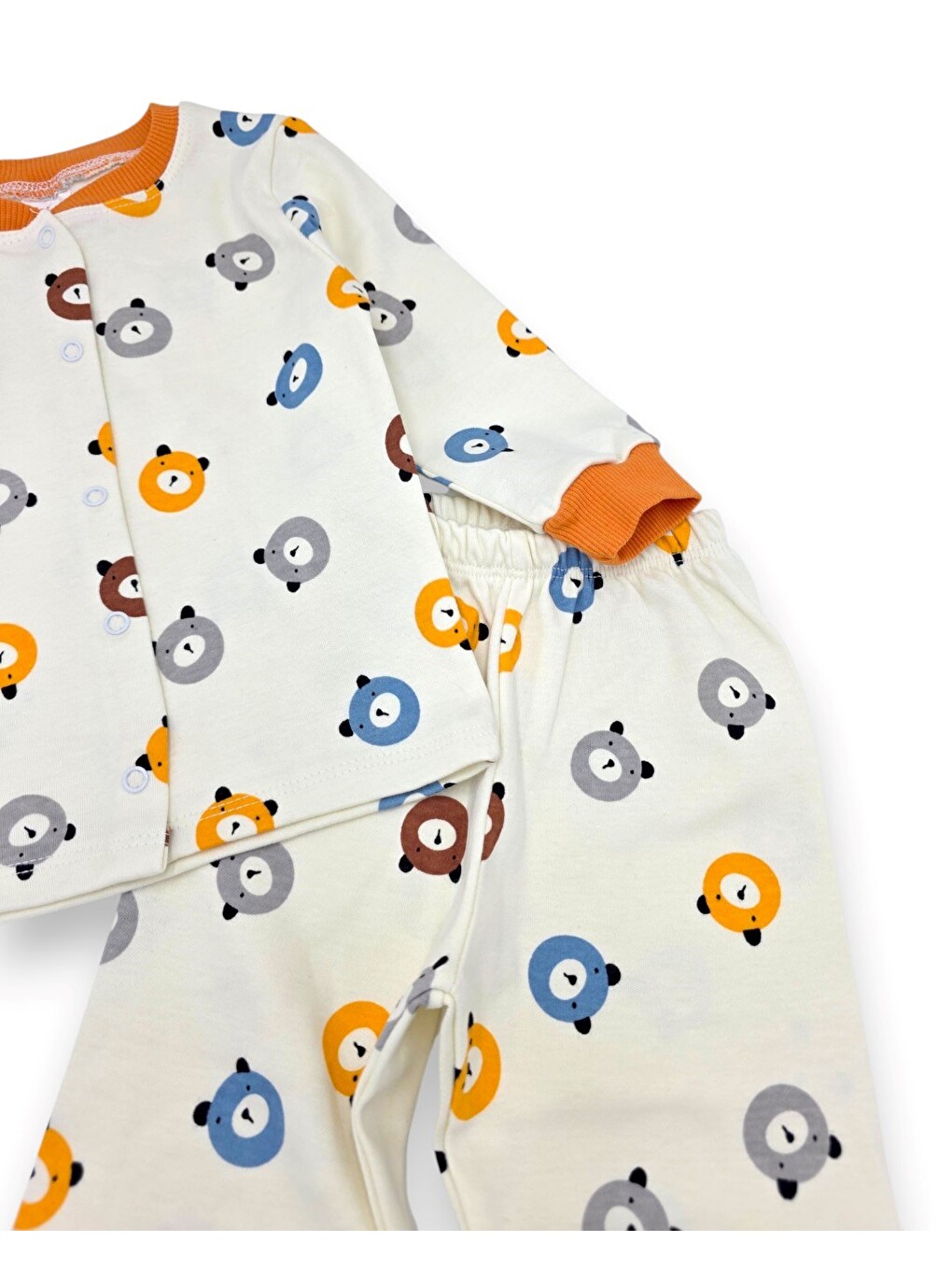 Turuncu Erkek Bebek Ayıcık Baskılı %100 Pamuklu 1-2-3 Yaş Çıtçıtlı Alt Üst Mevsimlik Pijama Takımı-6