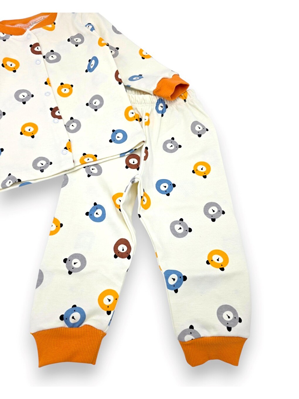 Turuncu Erkek Bebek Ayıcık Baskılı %100 Pamuklu 1-2-3 Yaş Çıtçıtlı Alt Üst Mevsimlik Pijama Takımı-7