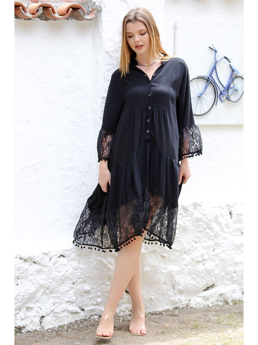 Siyah Hakim Yaka 3/4 Kol Düğmeli Eteği Fırfırlı Ponponlu Dantel Dokuma Casual Elbise-6