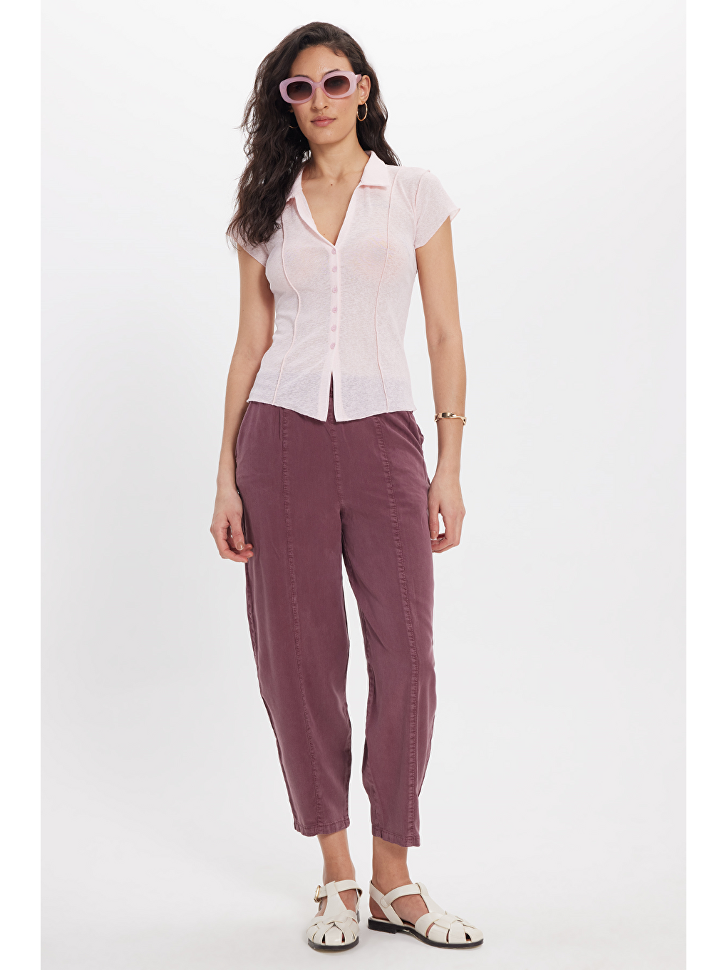Kadın Slim Fit Dar Kesim Kısa Kollu Gömlek Yaka Pembe Gömlek-1