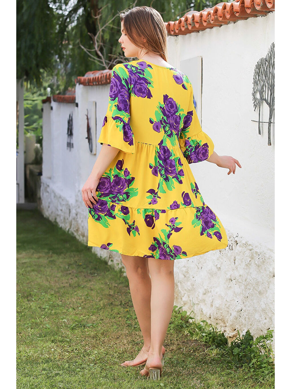 Sarı Havuz Yaka Fırfırlı Kol Bağlamalı Eteği Fırfırlı Püsküllü Casual Viskon Dokuma Elbise 95 52-7