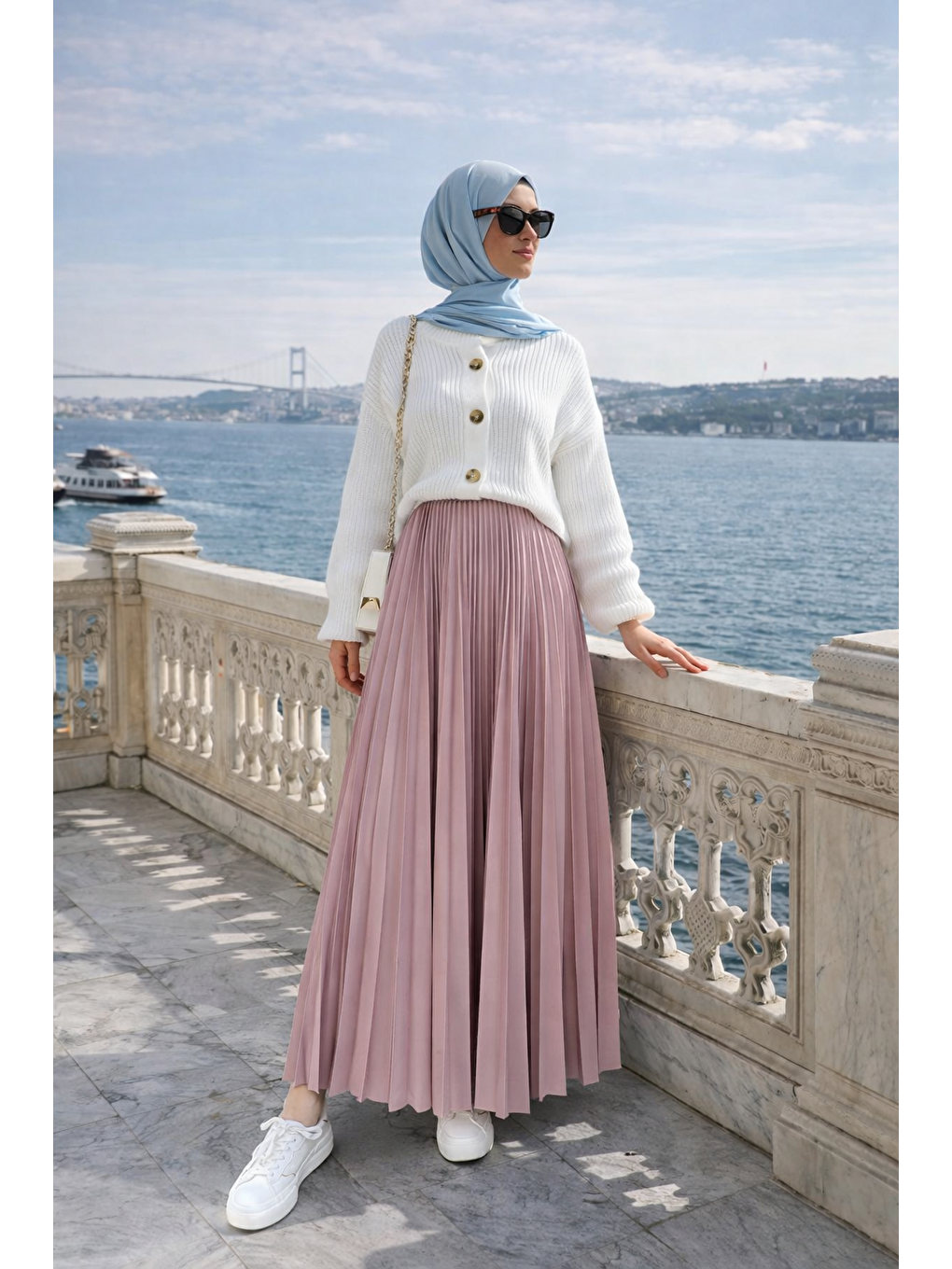 Kadın Premium Pileli Pembe Uzun Tesettür Etek