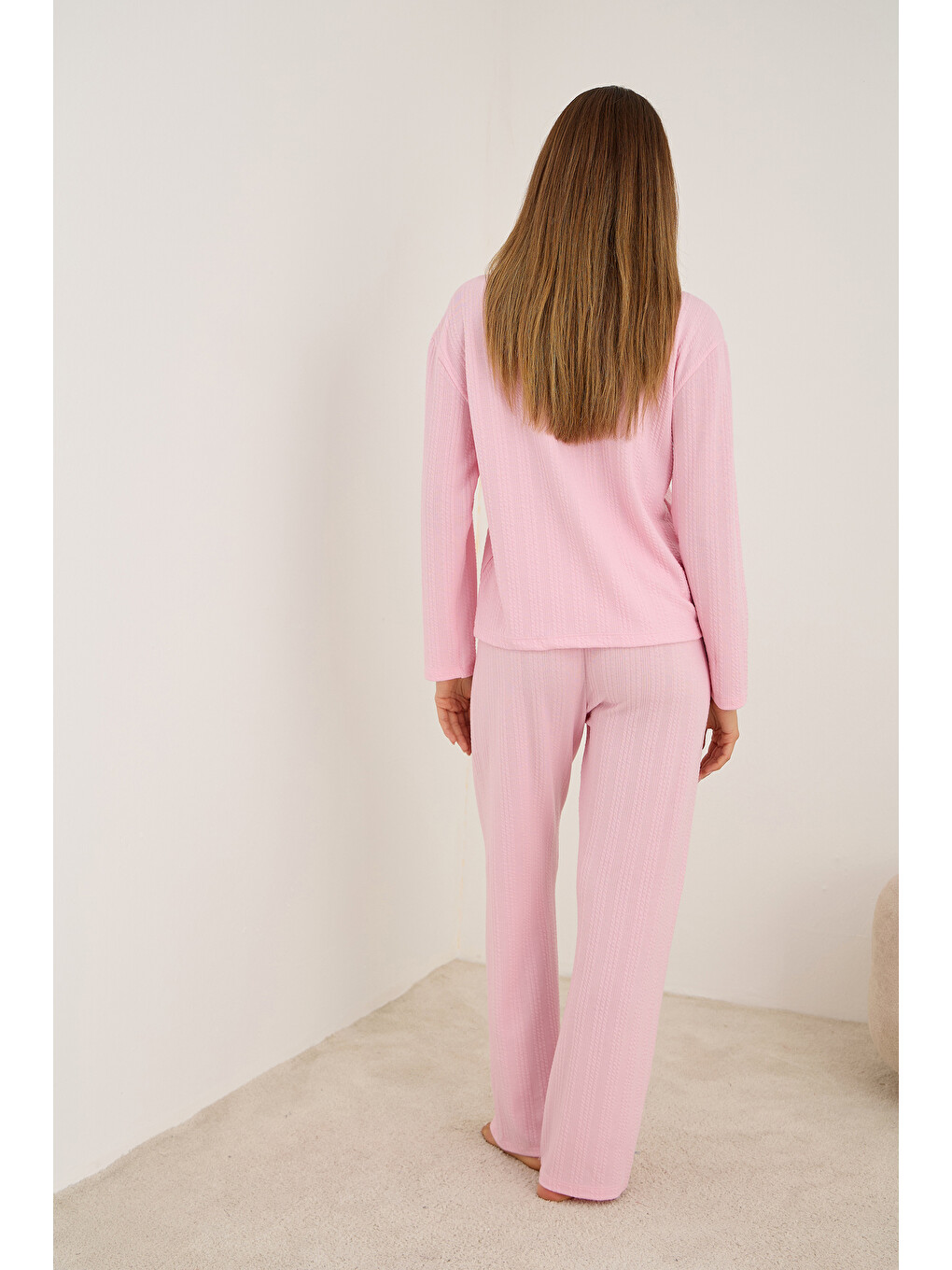 Pembe Kalp Nakışlı Fitilli Yumuşak Tuşe Örme Pijama Takım-1
