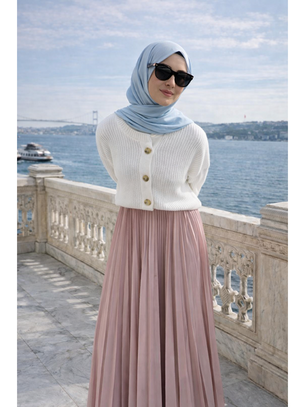 Kadın Premium Pileli Pembe Uzun Tesettür Etek-1